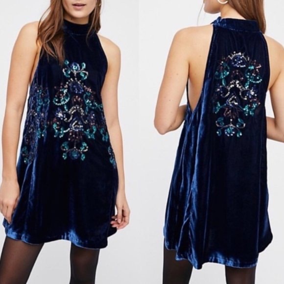 NWT FREE PEOPLE VELVET SEQUIN SWING MINI DRESS HALTER NECK SIZE MEDIUM IN BLUE - Picture 3 of 16